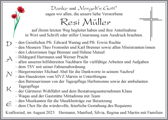 Traueranzeige von Resi Müller von Allgäuer Zeitung, Marktoberdorf