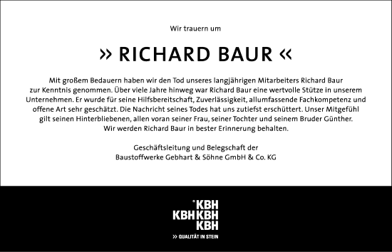 Traueranzeige von Richard Baur von Memminger Zeitung