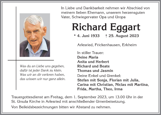 Traueranzeige von Richard Eggart von Memminger Zeitung