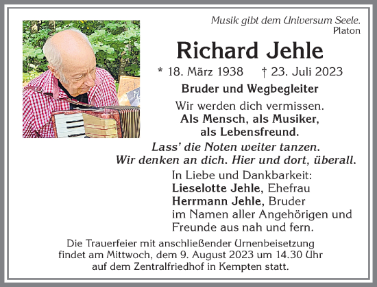 Traueranzeige von Richard Jehle von Allgäuer Zeitung,Kempten