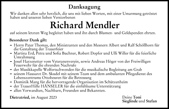 Traueranzeige von Richard Mendler von Memminger Zeitung