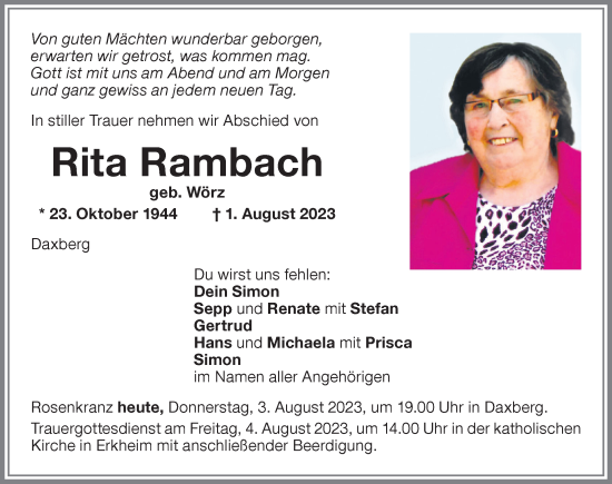 Traueranzeige von Rita Rambach von Memminger Zeitung
