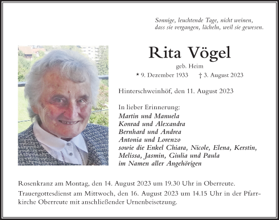 Traueranzeige von Rita Vögel von Der Westallgäuer