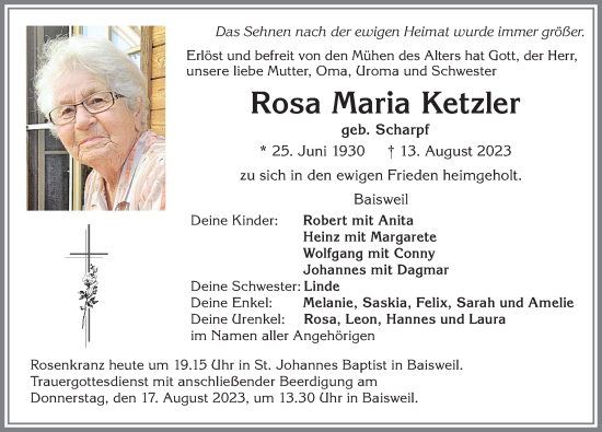 Traueranzeige von Rosa Maria Ketzler von Allgäuer Zeitung, Kaufbeuren/Buchloe
