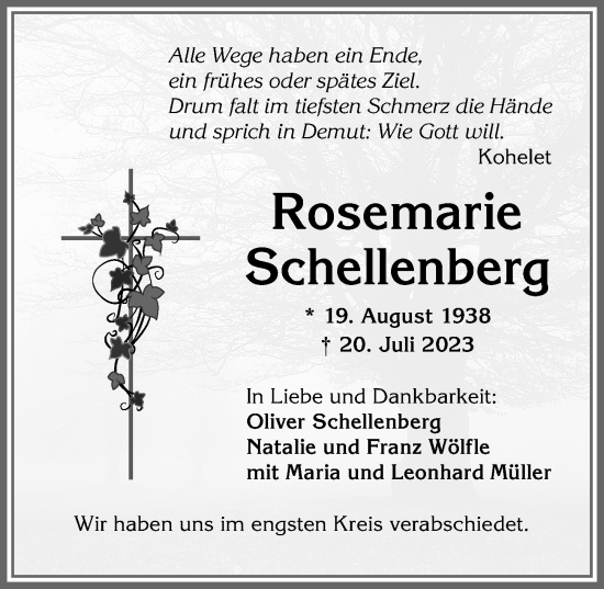 Traueranzeige von Rosemarie Schellenberg von Allgäuer Zeitung,Kempten