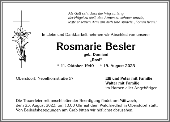 Traueranzeige von Rosmarie Besler von Allgäuer Anzeigeblatt