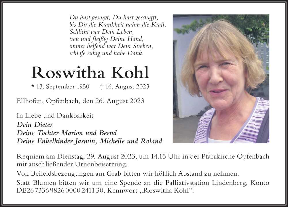 Traueranzeige für Roswitha Kohl vom 26.08.2023 aus Der Westallgäuer