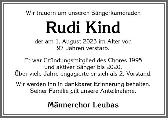 Traueranzeige von Rudi Kind von Allgäuer Zeitung,Kempten