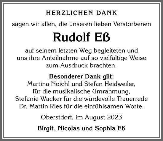 Traueranzeige von Rudolf Eß von Allgäuer Anzeigeblatt