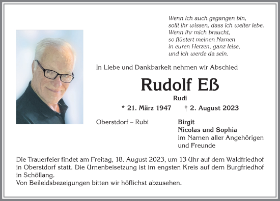 Traueranzeige von Rudolf Eß von Allgäuer Anzeigeblatt