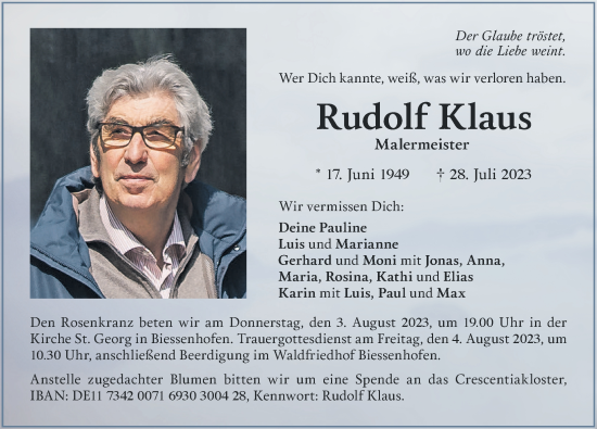 Traueranzeige von Rudolf Klaus von Allgäuer Zeitung, Marktoberdorf