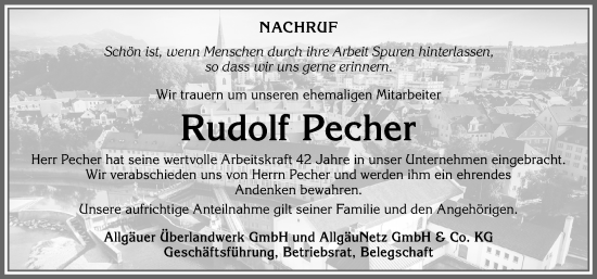 Traueranzeige von Rudolf Pecher von Allgäuer Anzeigeblatt