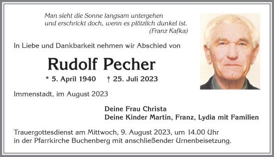 Traueranzeige von Rudolf Pecher von Allgäuer Anzeigeblatt