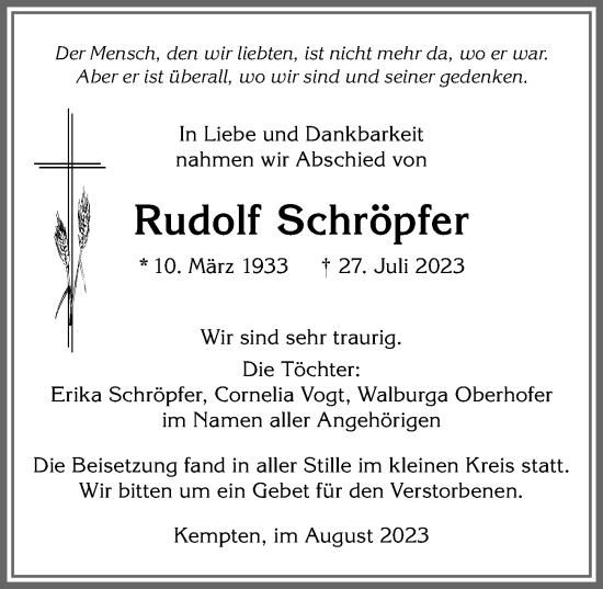 Traueranzeige von Rudolf Schröpfer von Allgäuer Zeitung,Kempten