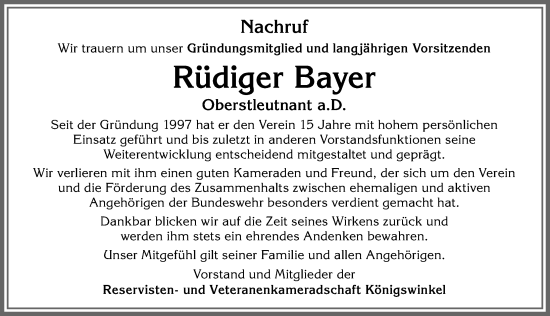 Traueranzeige von Rüdiger Bayer von Allgäuer Zeitung, Füssen