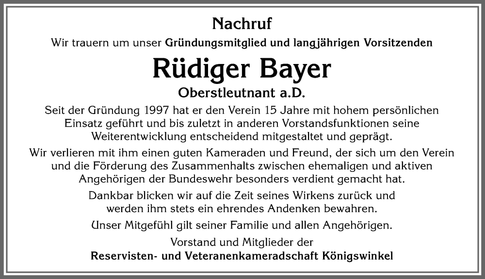  Traueranzeige für Rüdiger Bayer vom 12.08.2023 aus Allgäuer Zeitung, Füssen