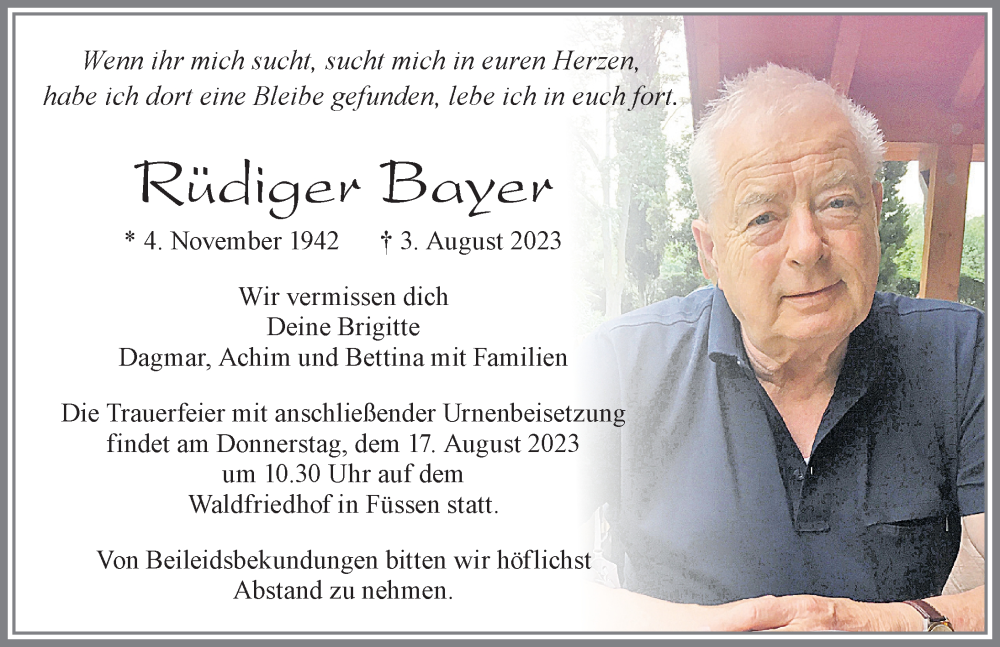  Traueranzeige für Rüdiger Bayer vom 12.08.2023 aus Allgäuer Zeitung, Füssen