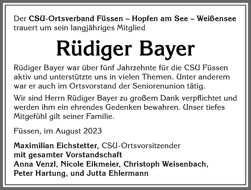  Traueranzeige für Rüdiger Bayer vom 12.08.2023 aus Allgäuer Zeitung, Füssen
