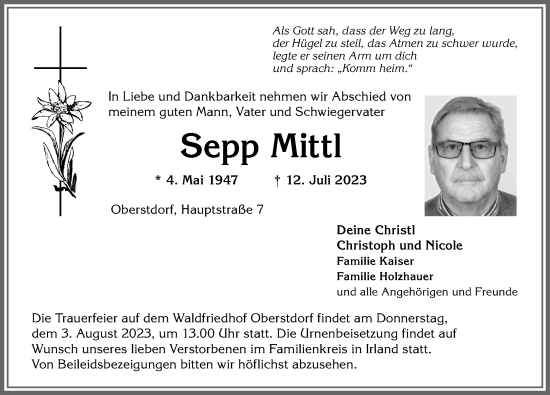 Traueranzeige von Sepp Mittl von Allgäuer Anzeigeblatt