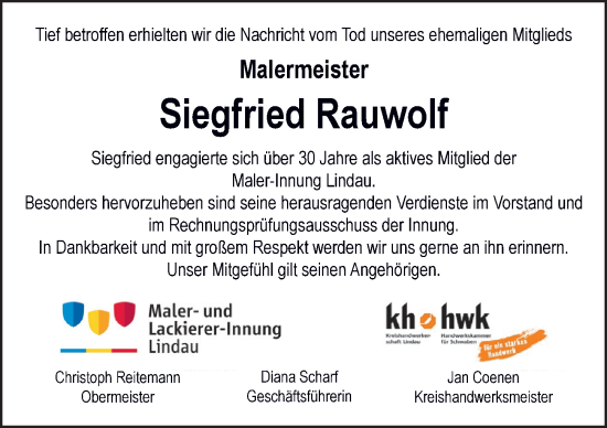 Traueranzeige von Siegfried Rauwolf von Der Westallgäuer