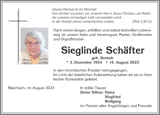 Traueranzeige von Sieglinde Schäfter von Allgäuer Anzeigeblatt