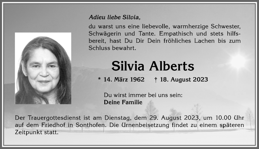  Traueranzeige für Silvia Alberts vom 25.08.2023 aus Allgäuer Anzeigeblatt