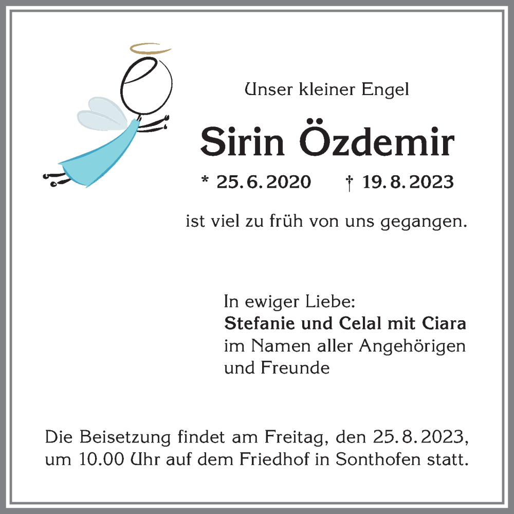  Traueranzeige für Sirin Özdemir vom 23.08.2023 aus Allgäuer Anzeigeblatt