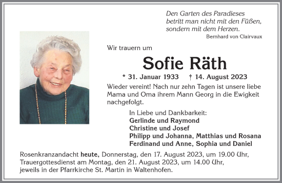 Traueranzeige von Sofie Räth von Allgäuer Zeitung,Kempten