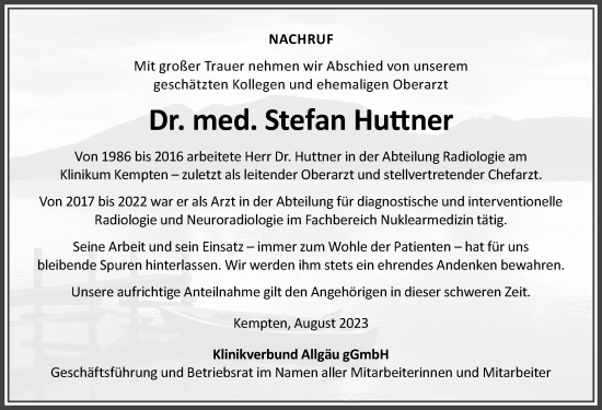 Traueranzeige von Stefan Huttner von Allgäuer Zeitung,Kempten