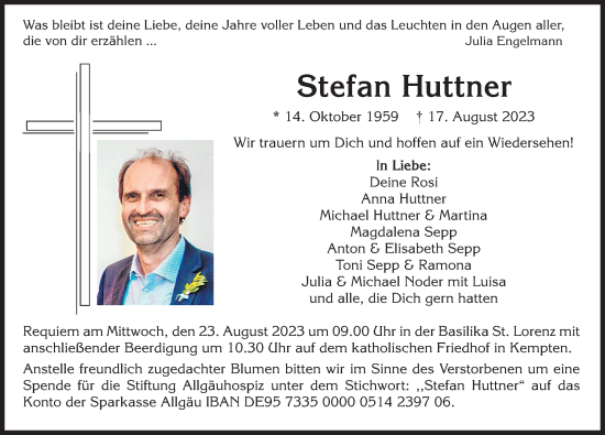 Traueranzeige von Stefan Huttner von Allgäuer Zeitung,Kempten