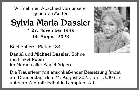 Traueranzeige von Sylvia Maria Dassler von Allgäuer Zeitung,Kempten