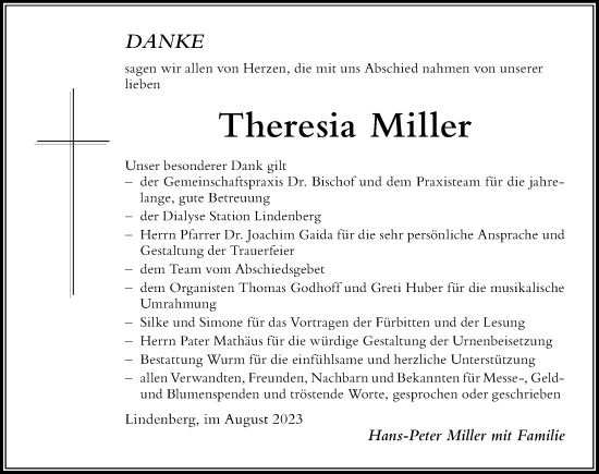 Traueranzeige von Theresia Miller von Der Westallgäuer
