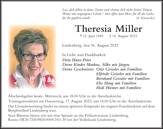 Traueranzeige von Theresia Miller von Der Westallgäuer