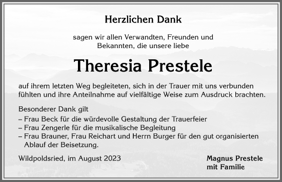 Traueranzeige von Theresia Prestele von Allgäuer Zeitung,Kempten