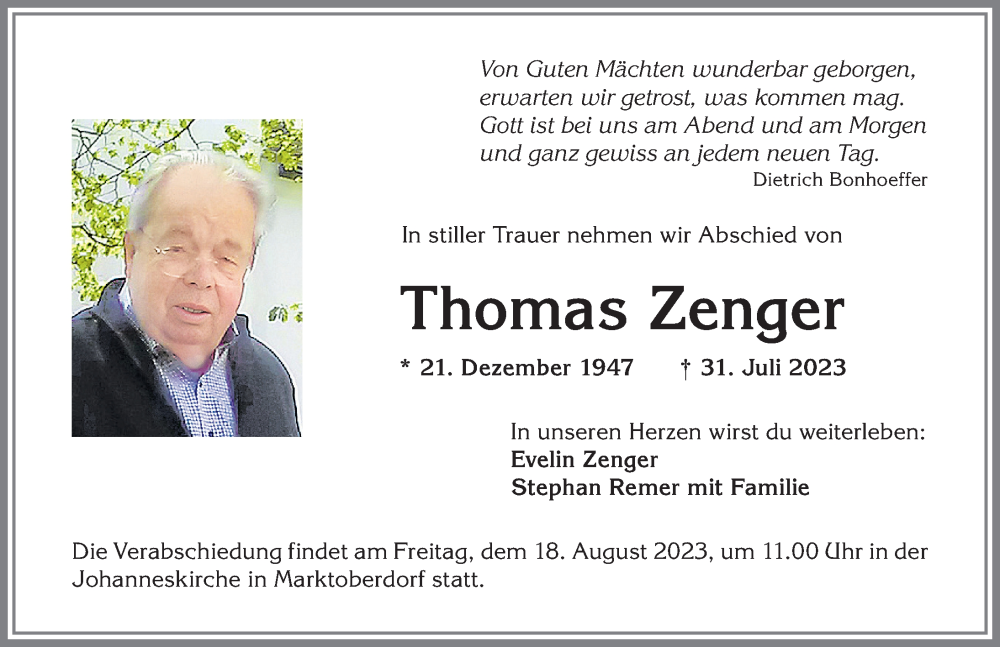  Traueranzeige für Thomas Zenger vom 16.08.2023 aus Allgäuer Zeitung, Marktoberdorf