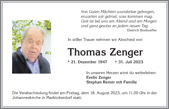 Traueranzeige von Thomas Zenger von Allgäuer Zeitung, Marktoberdorf