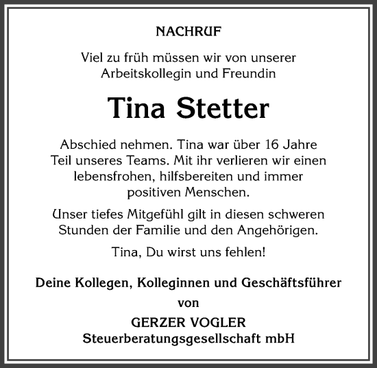 Traueranzeige von Tina Stetter von Allgäuer Anzeigeblatt