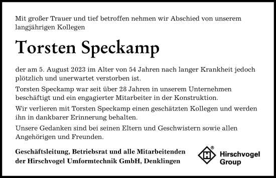 Traueranzeige von Torsten Speckamp von Allgäuer Zeitung, Kaufbeuren/Buchloe