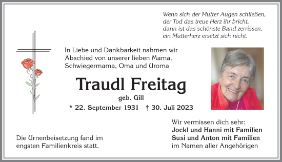 Traueranzeige von Traudl Freitag von Allgäuer Anzeigeblatt