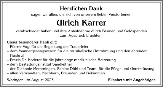 Traueranzeige von Ulrich Karrer von Memminger Zeitung