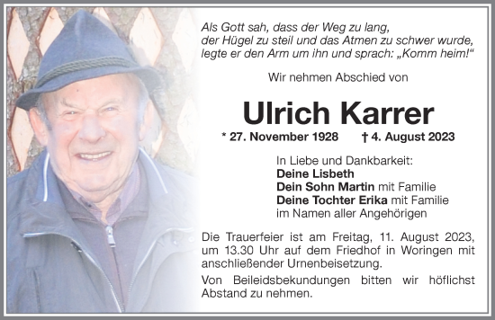 Traueranzeige von Ulrich Karrer von Memminger Zeitung