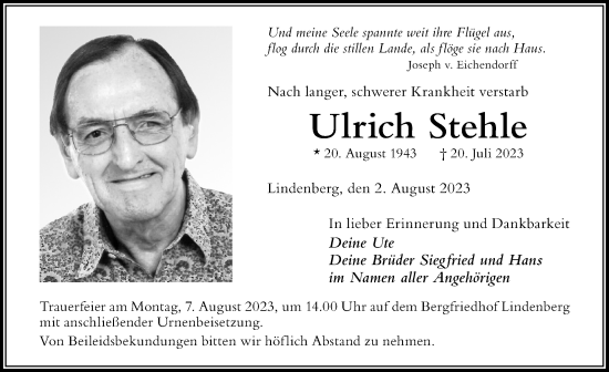 Traueranzeige von Ulrich Stehle von Der Westallgäuer