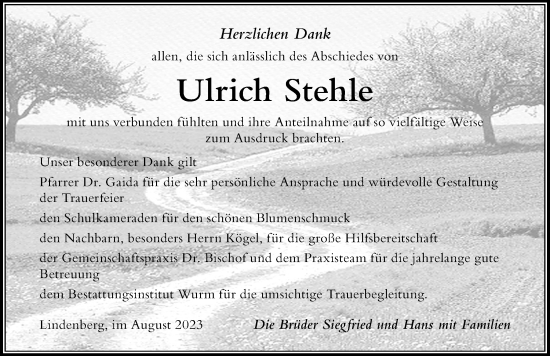 Traueranzeige von Ulrich Stehle von Der Westallgäuer