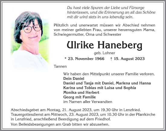 Traueranzeige von Ulrike Haneberg von Allgäuer Zeitung,Kempten