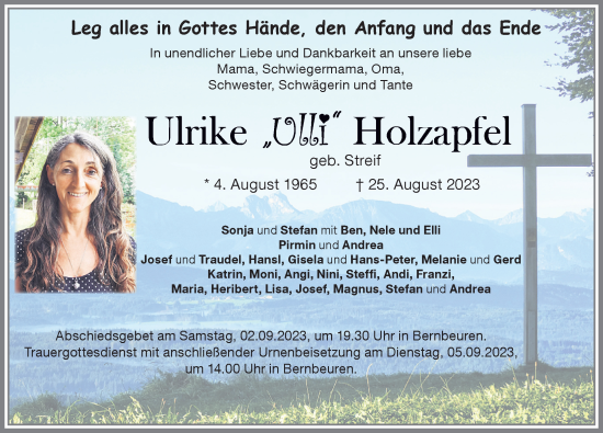 Traueranzeige von Ulrike Holzapfel von Allgäuer Zeitung, Füssen