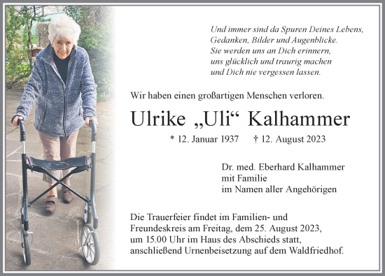 Traueranzeige von Ulrike  Kalhammer von Memminger Zeitung