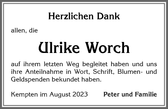 Traueranzeige von Ulrike Worch von Allgäuer Zeitung,Kempten