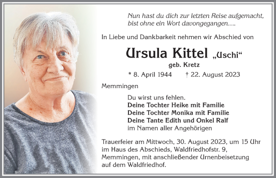 Traueranzeige von Ursula Kittel von Memminger Zeitung