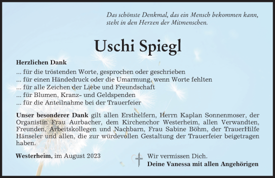 Traueranzeige von Uschi Spiegl von Memminger Zeitung
