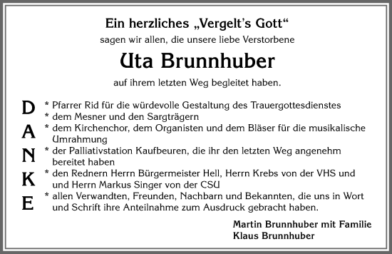 Traueranzeige von Uta Brunnhuber von Allgäuer Zeitung, Marktoberdorf